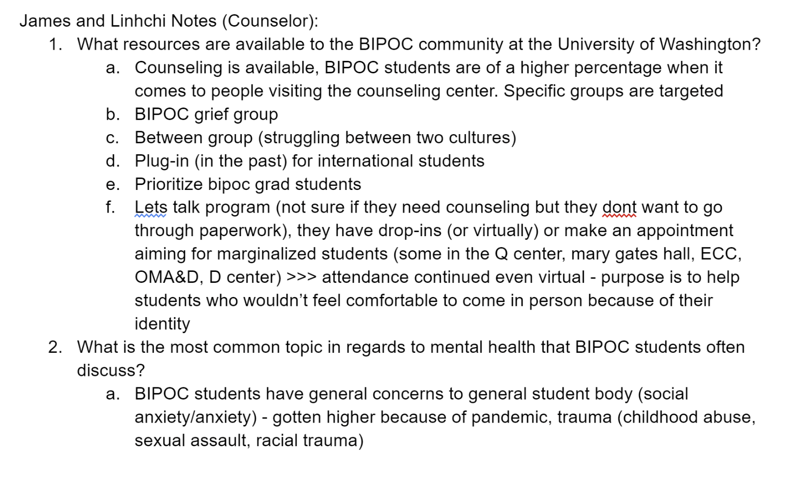 interview questions with UW counselors