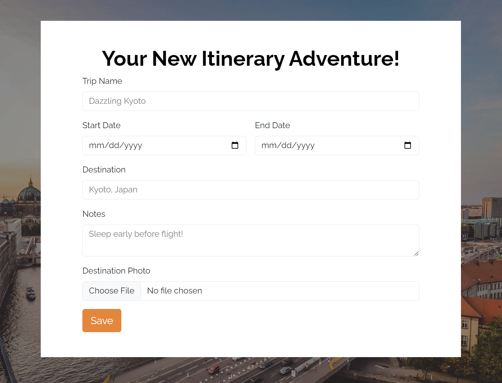 form to create new trip itinerary
