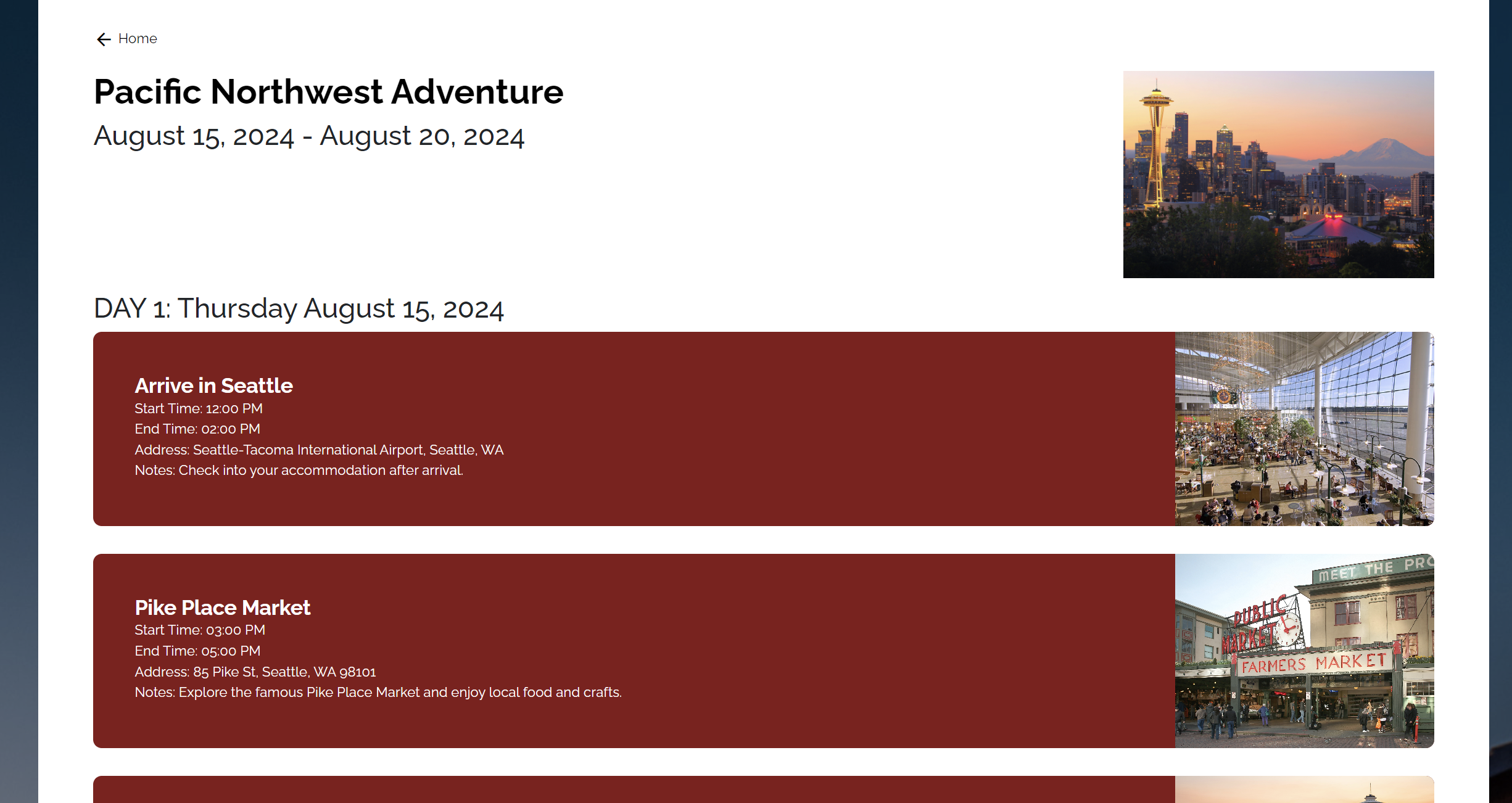 portion of a trip itinerary